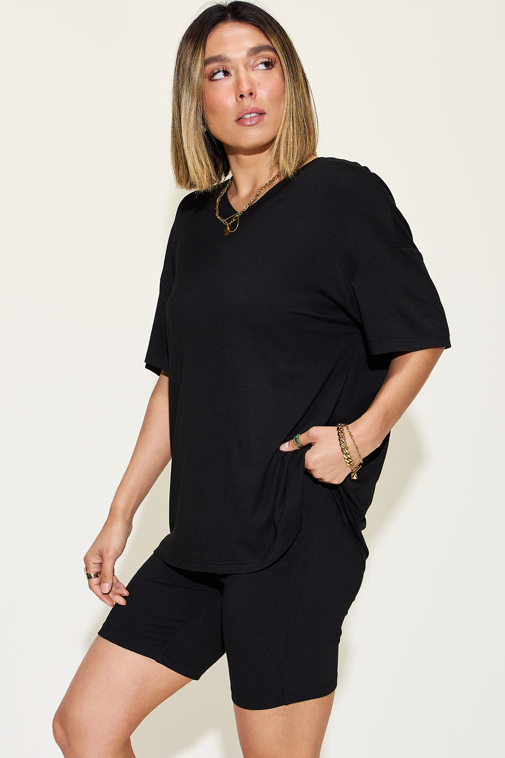 Relaxed Fit Rayon V-Neck Tee & Shorts Set