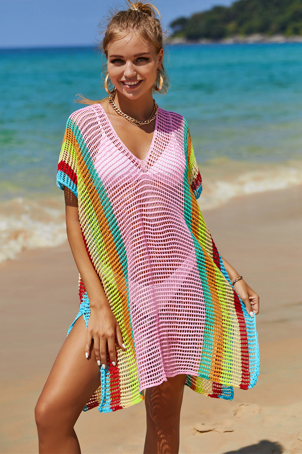 Lightweight Openwork Striped Knit Beach Cover-Up
