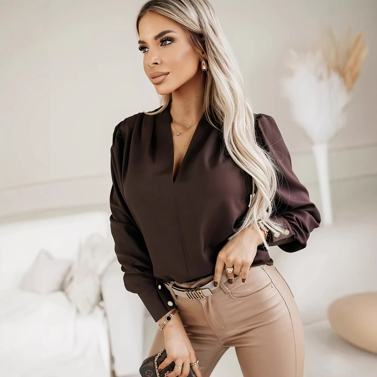 Urban Chic Solid-Color V-Neck Commuter Blouse For Women