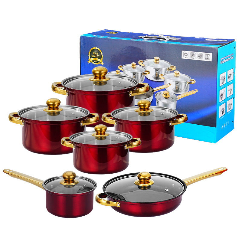 12 - piece wine - red non - stick stainless - steel soup pot set, induction - friendly for kitchen use.