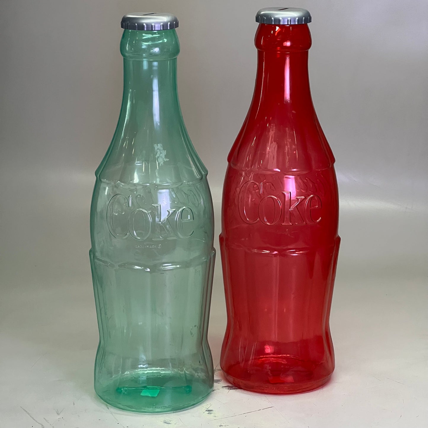 ZA@ COCA-COLA (2 PACK) Plastic Coke Bottle Bank 22"H Green & Red (AS-IS) D
