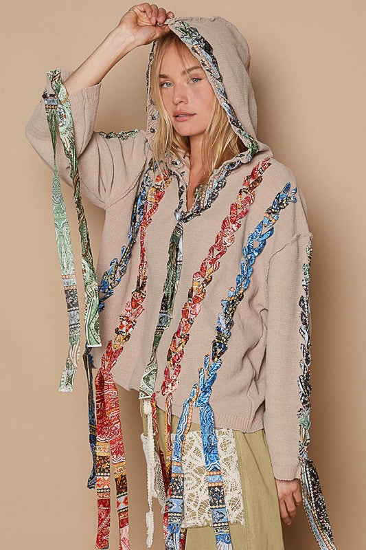Back To School Sweater - POL Contrast Thread Peace Back Hooded Sweater