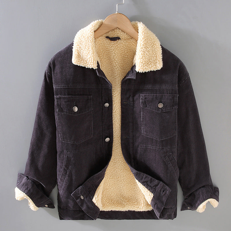 Men's Corduroy Workwear American Retro Lapels Jacket Heavy Imitation Lamb Wool Thickened Cotton-padded Coat