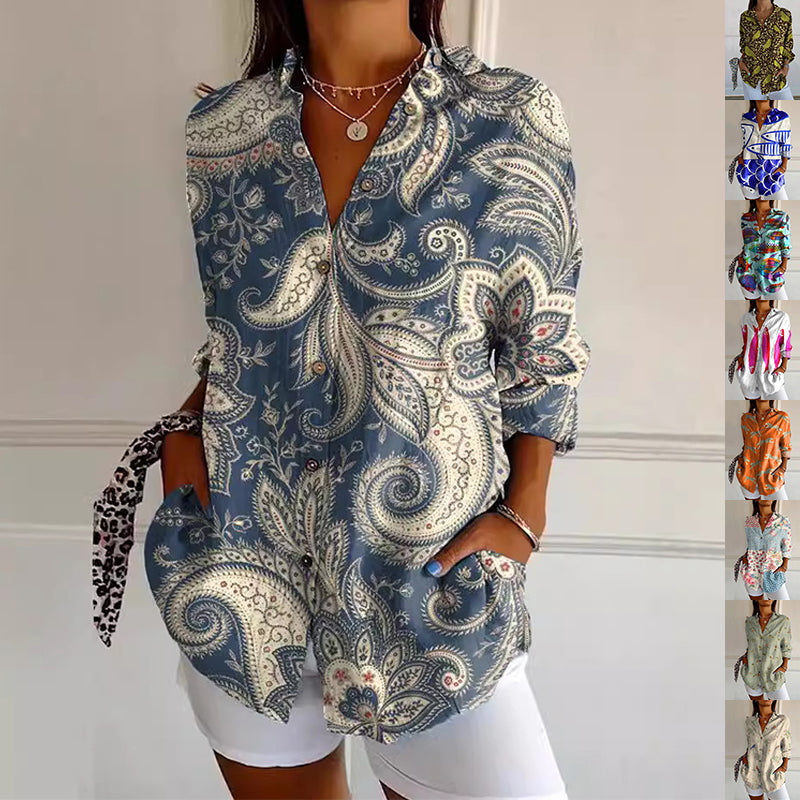 Flowers Print Long Sleeve Shirt Fashion Stand Collar Button Tops For Women Clothing