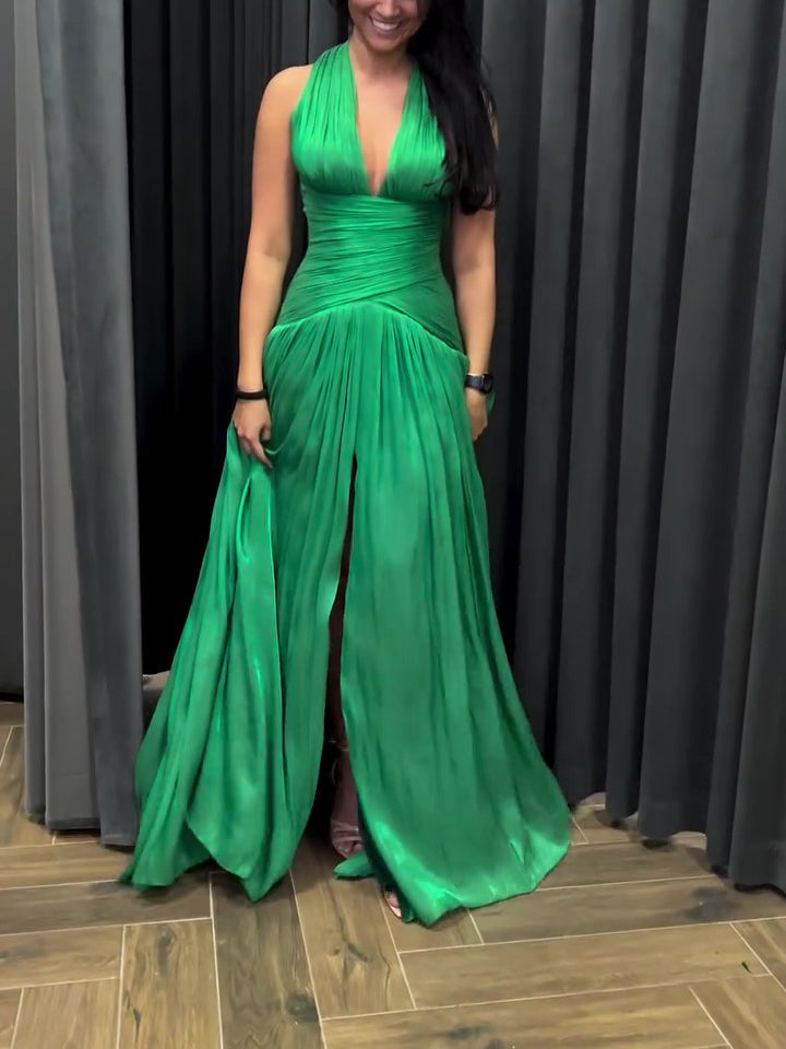 Emerald Green Plunging Neckline Gown With Pleated Skirt And Side Slit