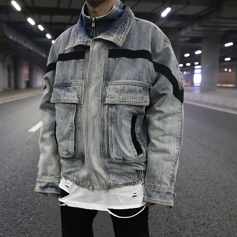 Vintage Wash Denim Jacket with Layered Collar for Men