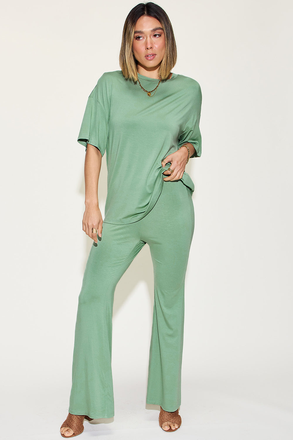 Comfy Bamboo Drop Shoulder Tee & Flare Pants Set