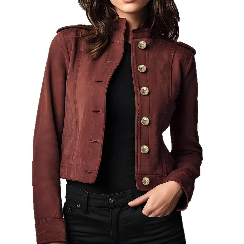 Women's Fashion Retro Long Sleeve Short Suede Jacket