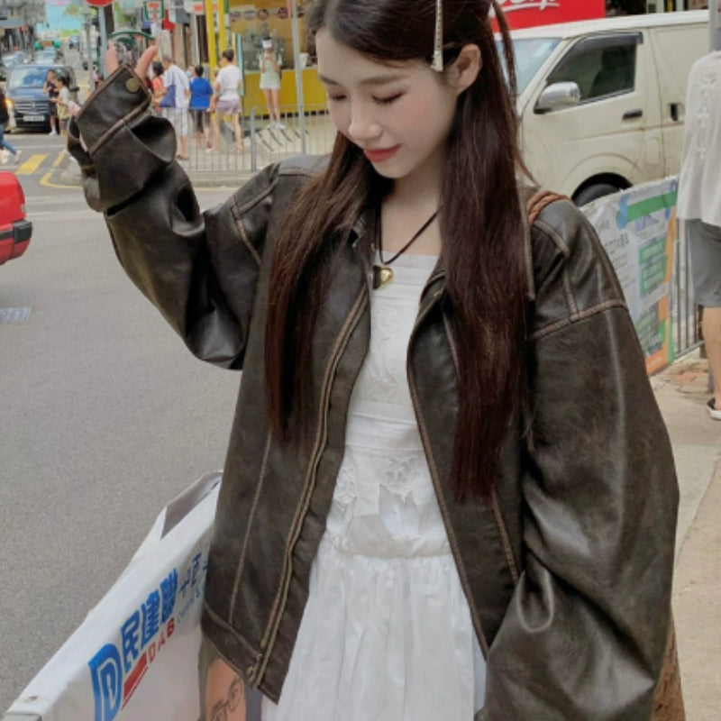 American Sweet Cool Retro Vintage Brown Leather Coat