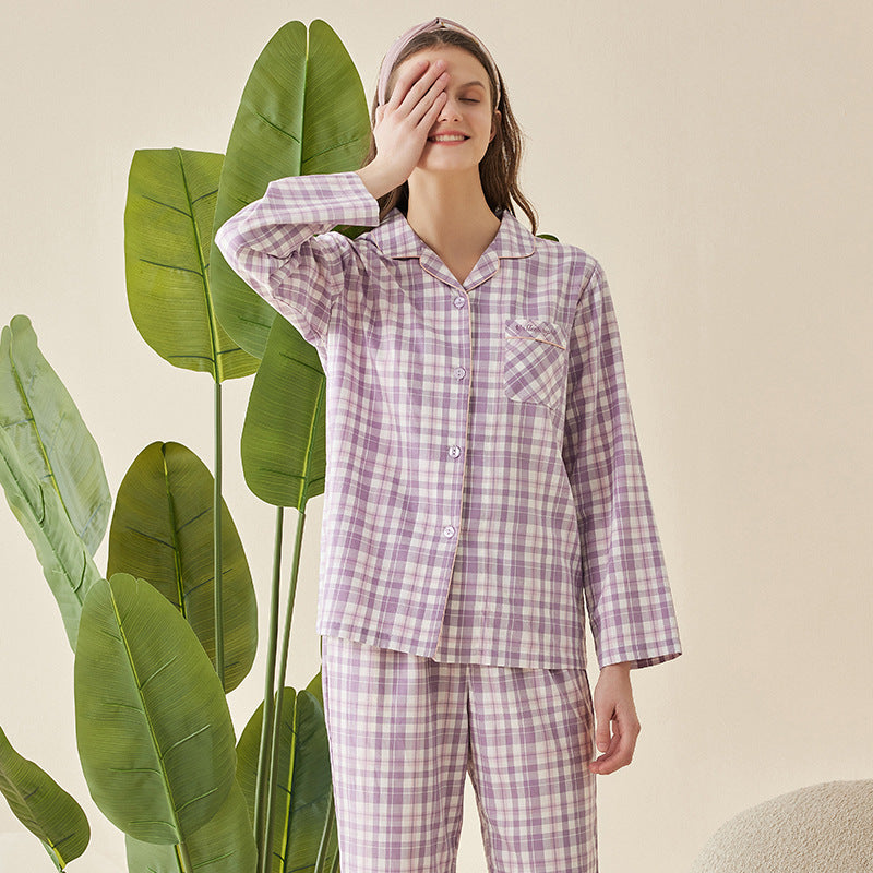 Simple Japanese Style Cotton Plaid Long Sleeve Couple Home Wear