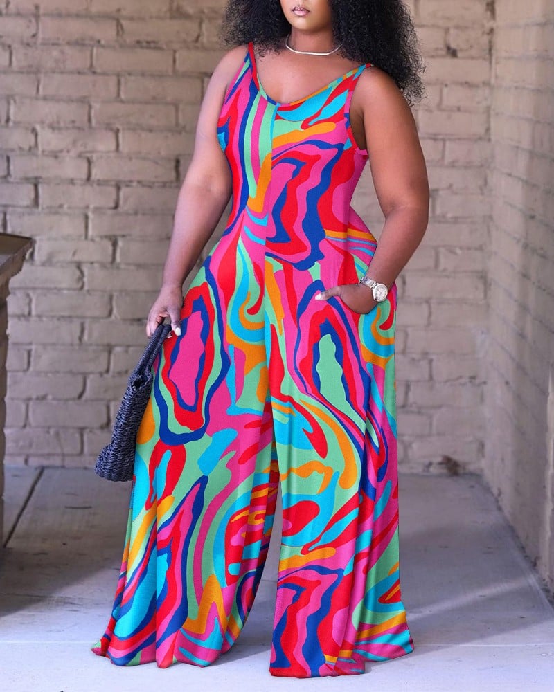 Women's Loose Printed Suspender Jumpsuit