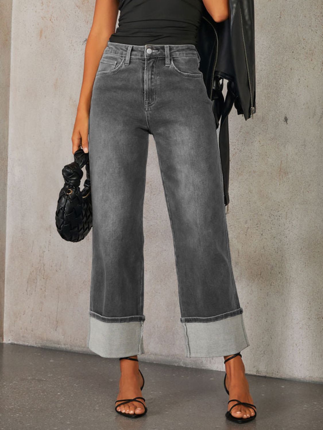 High Waisted Straight Leg Rolled Jeans
