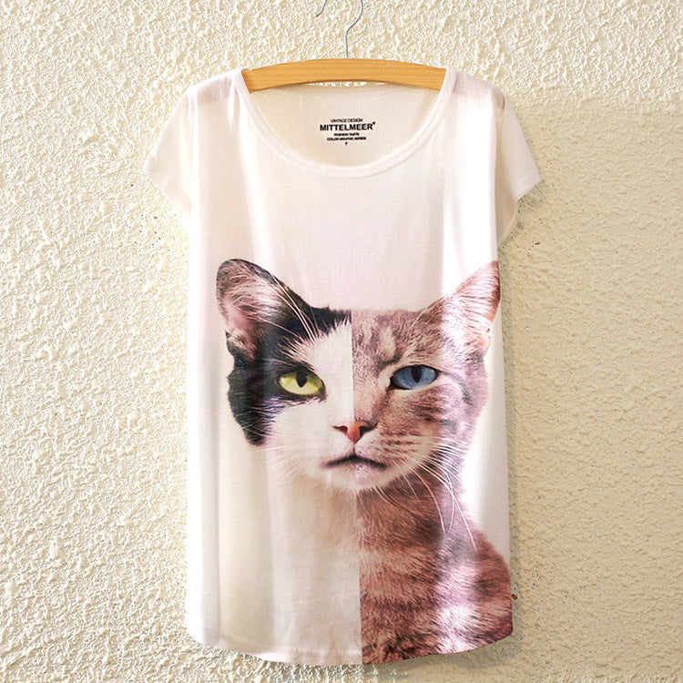 New Fashion Summer Harajuku Animal Cat Print Shirt O-Neck Short Sleeve T Shirt Women Tops White T-shirt