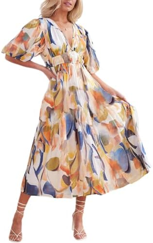 Easter Dress Women - Sissyaki Women's Boho Floral Midi Dress Smocked Beach Flowy Dress