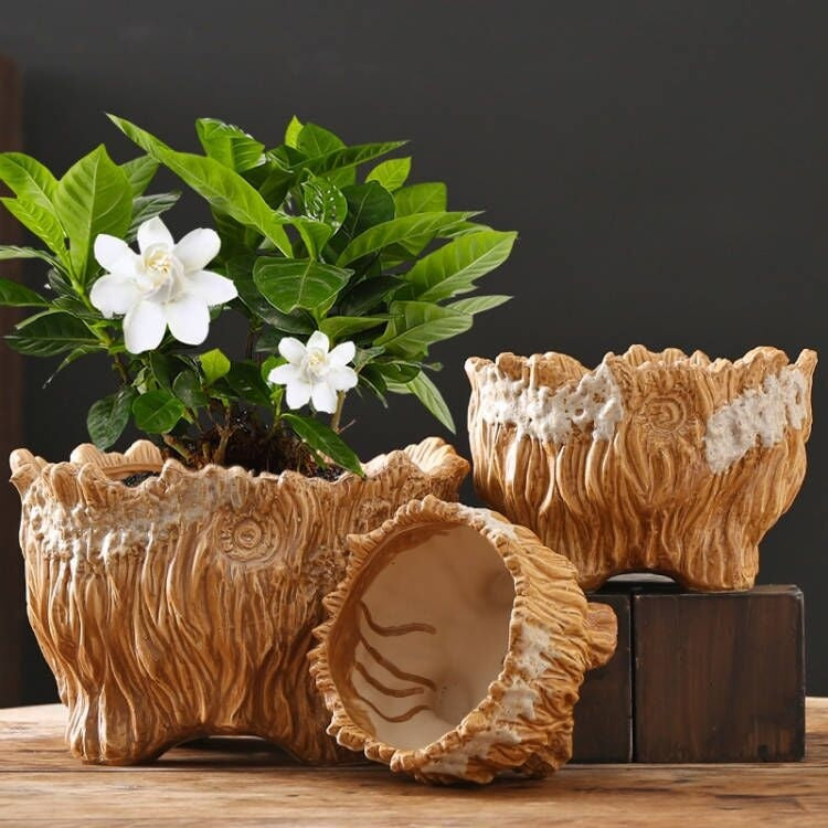 Large Ceramic Flower Pot with Tree Root Design