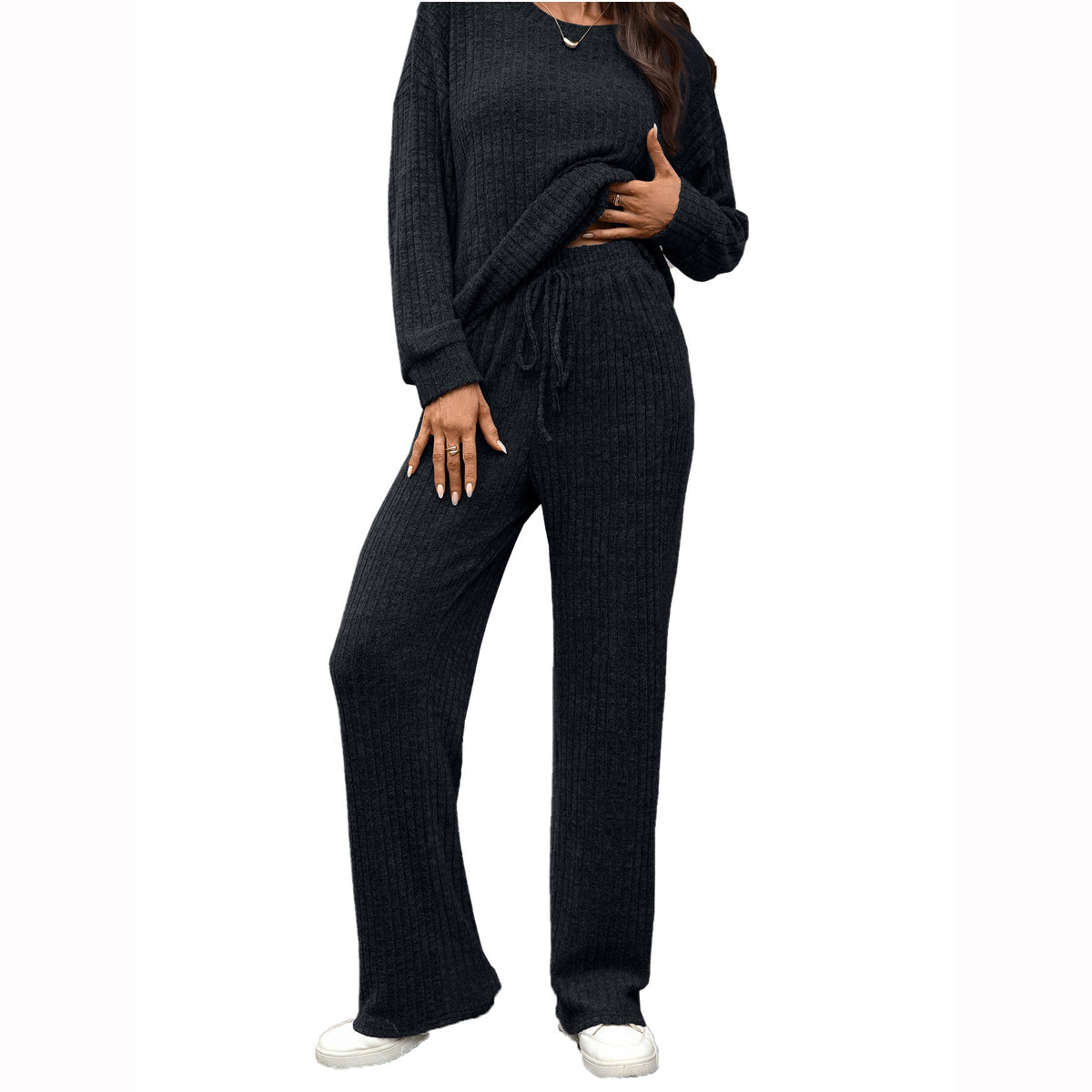 European And American Round Neck Knitted Long Sleeve Brushed Casual Long Sleeve Pants Home Wear Suit