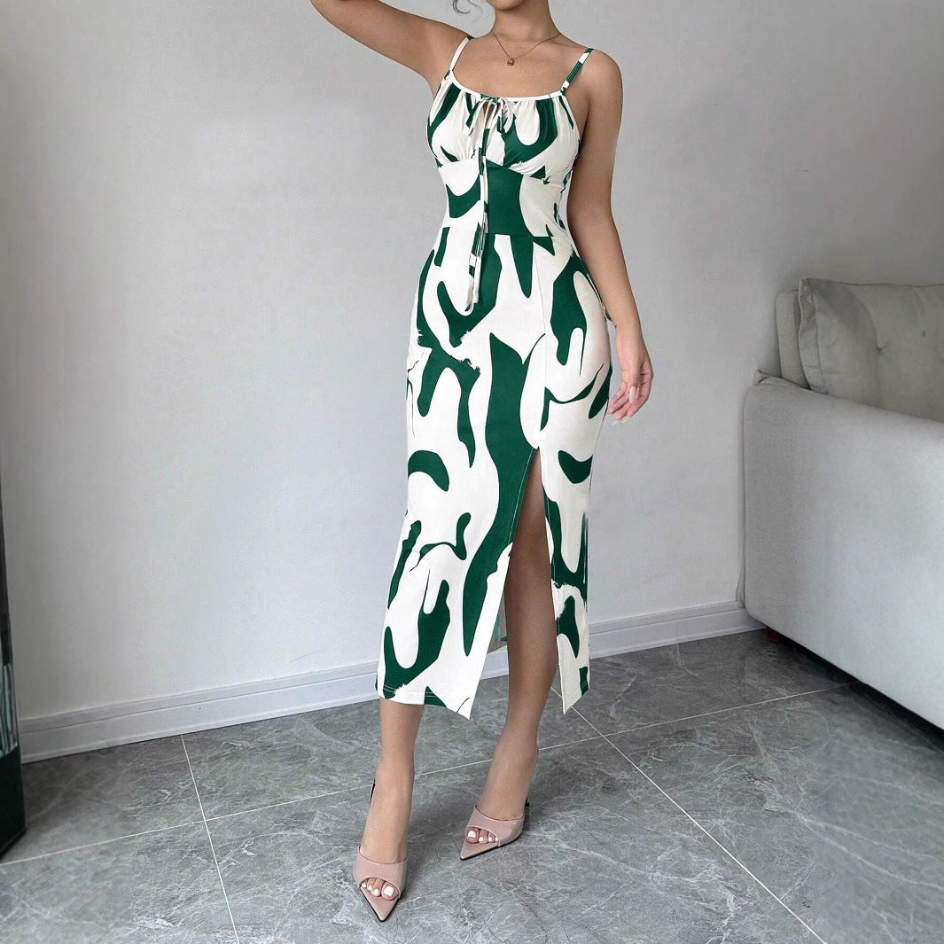 Summer Printed Suspender Split Dress Fashion Slim Lace-up Long Dresses For Women Clothing