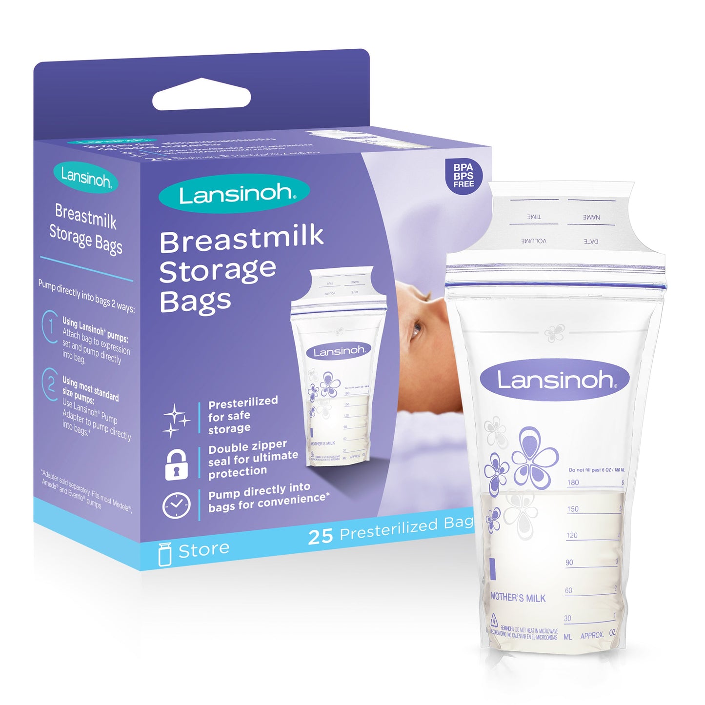 Lansinoh Breastmilk Storage Bags - Pre-Sterilized and Leak-Proof, 25 Count