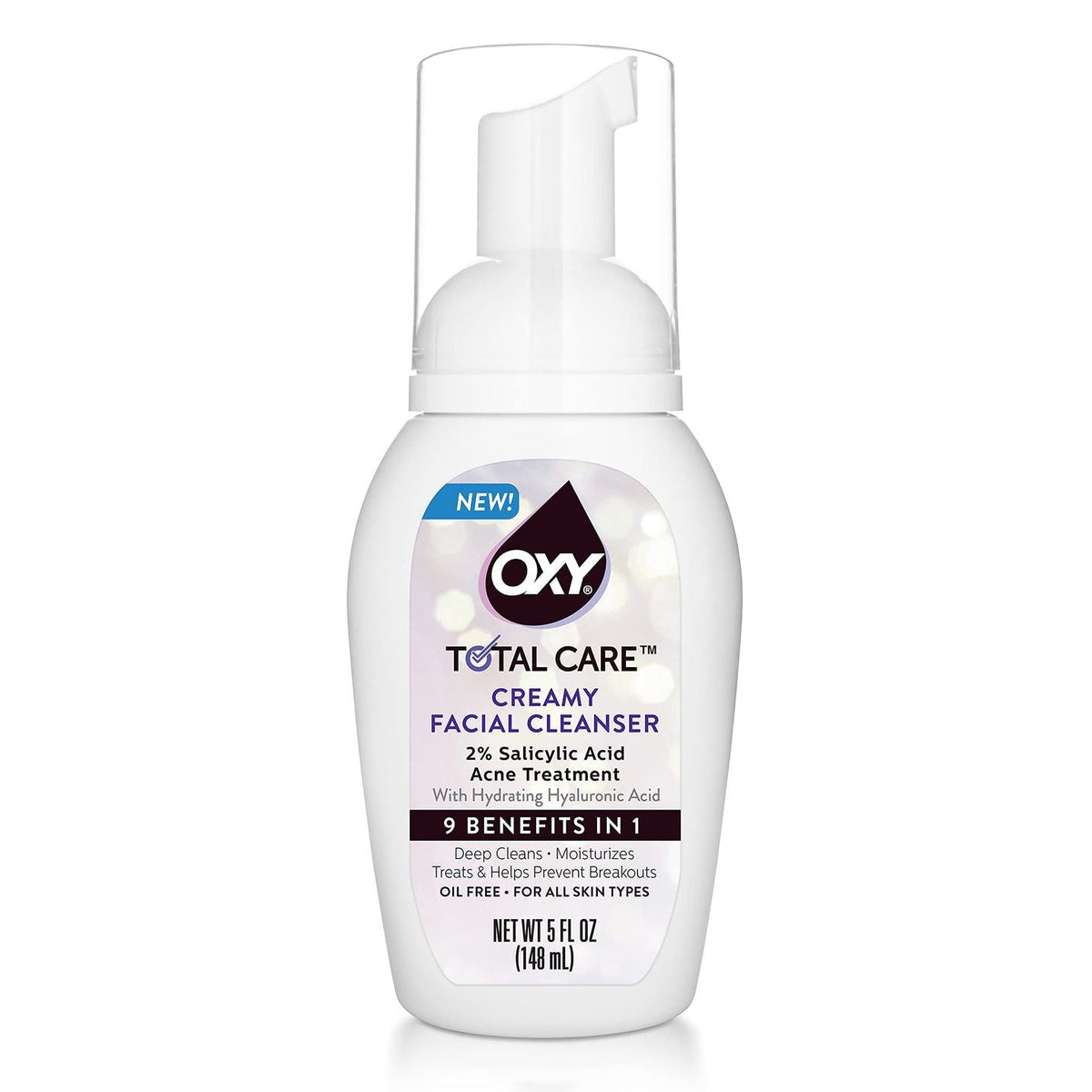 Oxy TOTAL CARE Creamy Foaming Facial Cleanser With Hyaluronic Acid Plus Anti-Acne 2% Salicylic Acid, Gentle Multi-Benefit Deep Cleaning Moisturizing Wash For Dry To Oily Skin At Any Age, 5.0 FL OZ