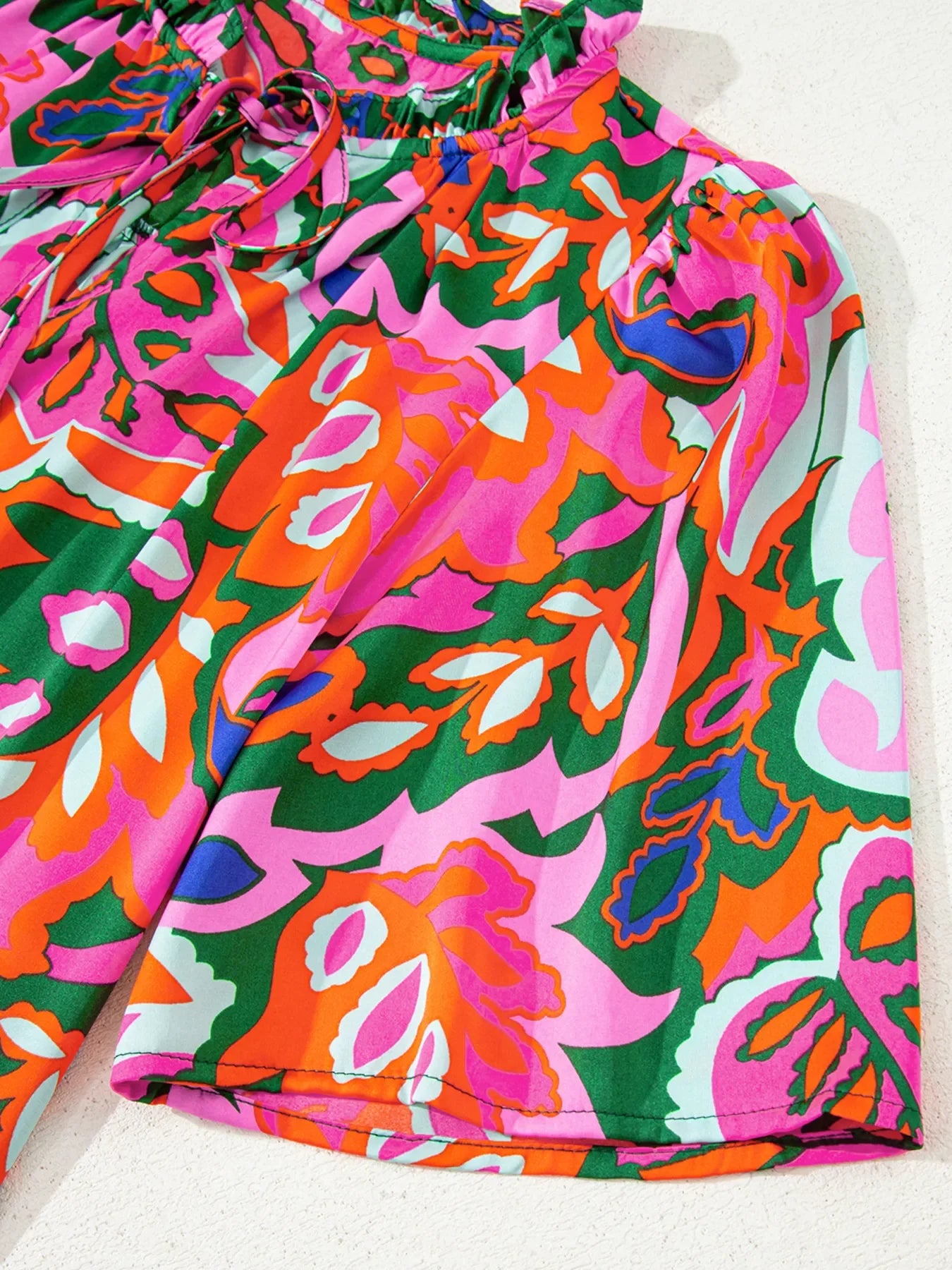 Tropical Print Short Sleeve Tie Neck Blouse