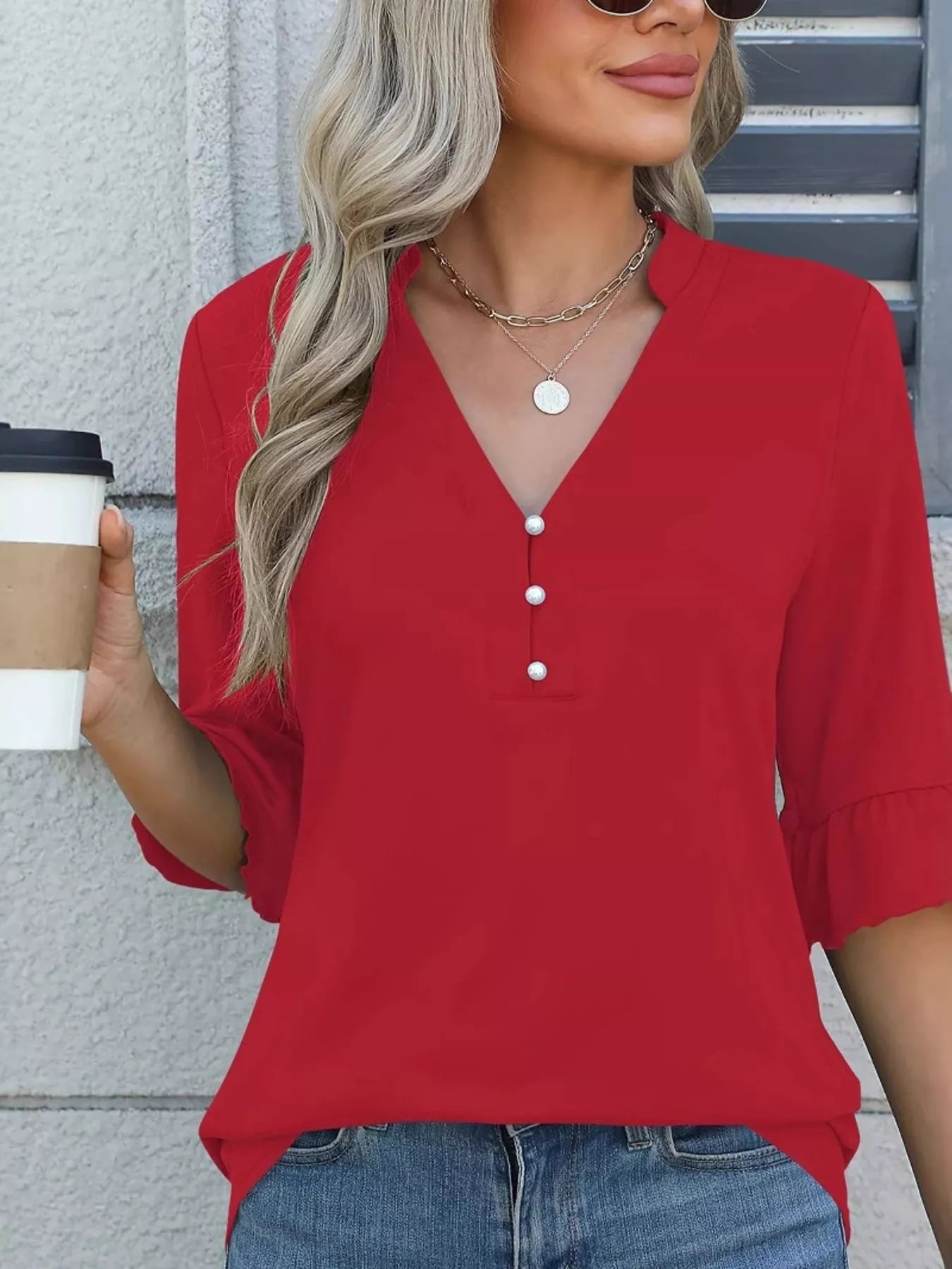 Full Size Notched Flounce Sleeve Blouse Plus Size