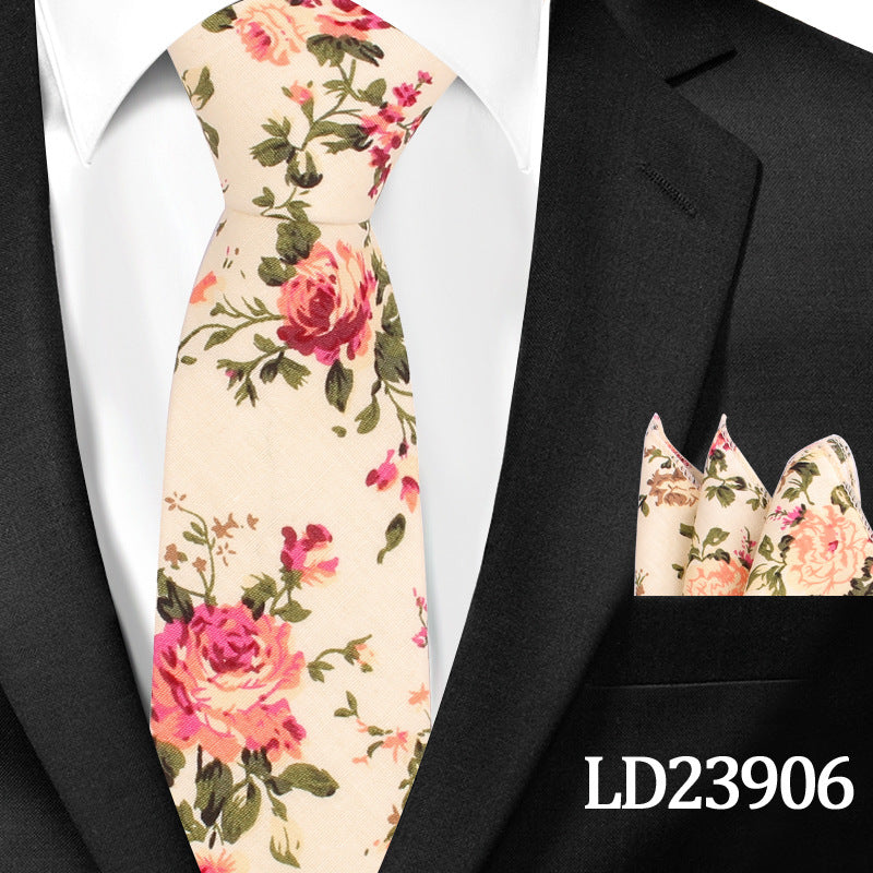 Casual Cotton Floral Print 6cm Casual Tie Pocket Square Suit