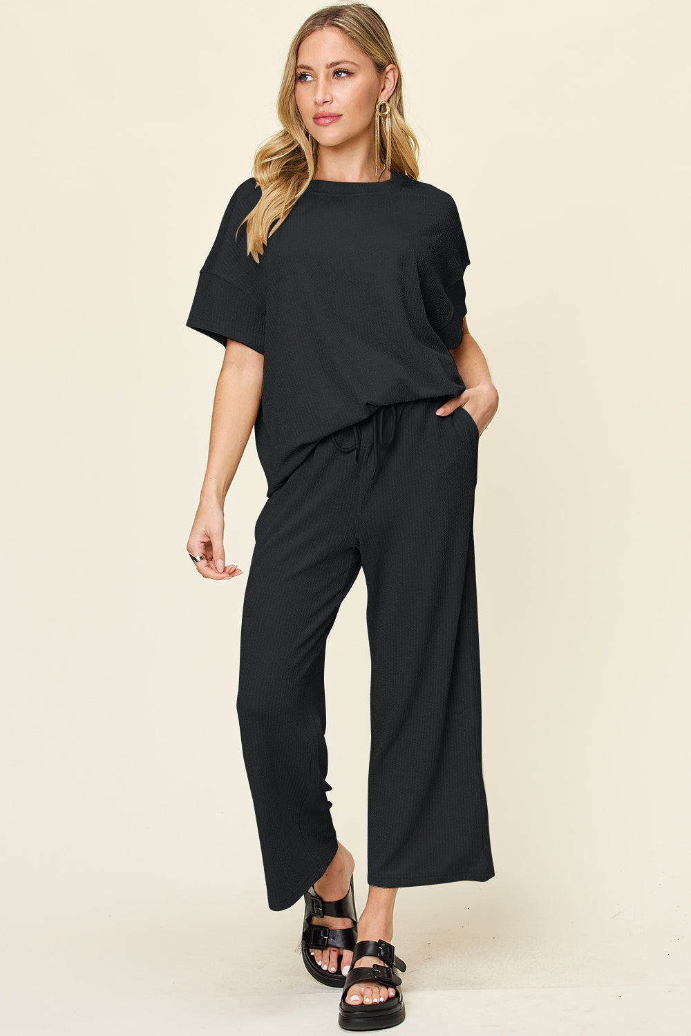 Textured Knit Top and Wide Leg Pant Set