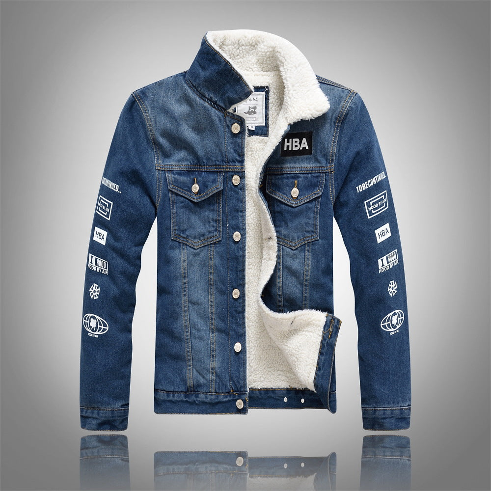 Trendy Slim-Fit Thick Denim Jacket in Lamb Velvet