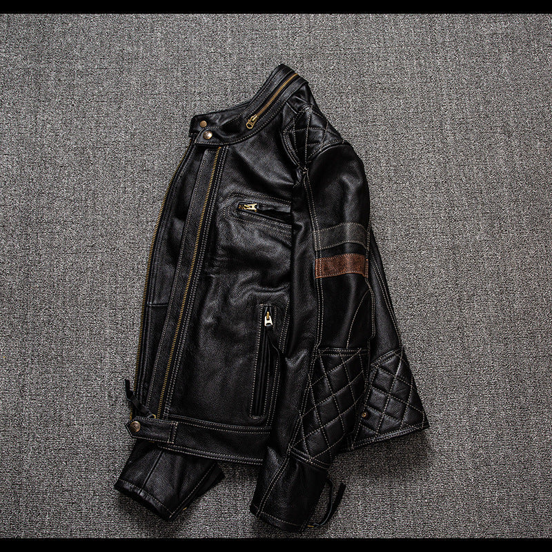 Men's Genuine Leather Biker Jacket with Protective Gear
