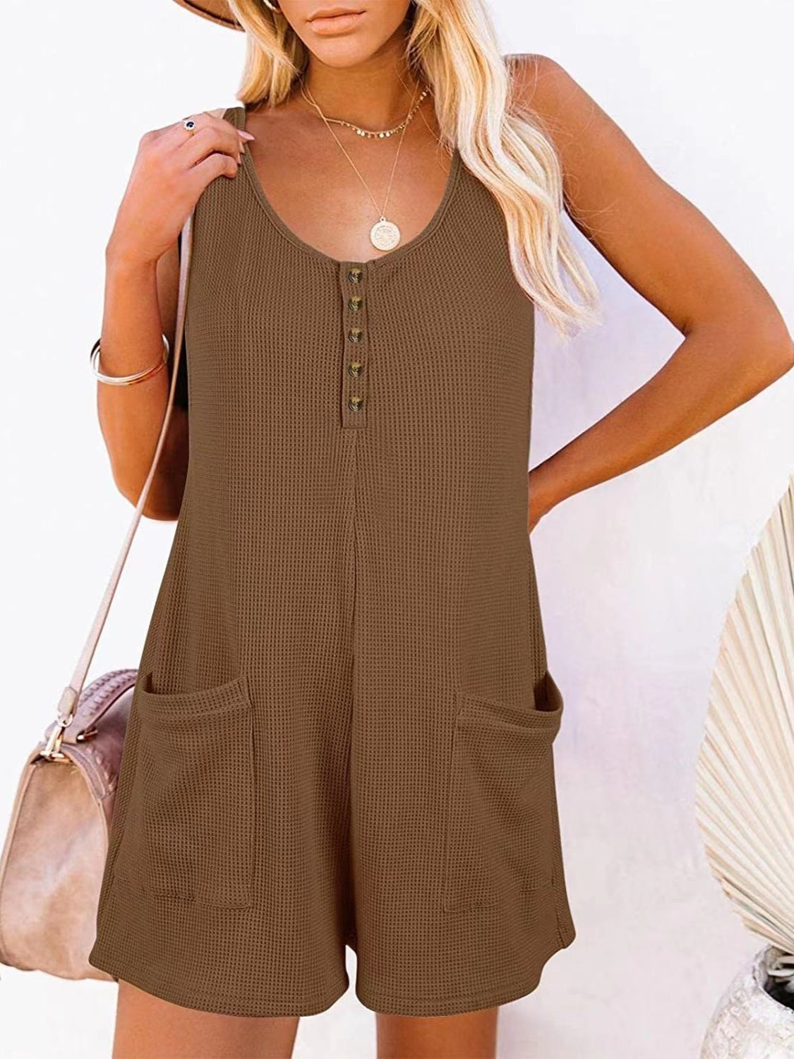 Button Front Sleeveless Romper with Pockets