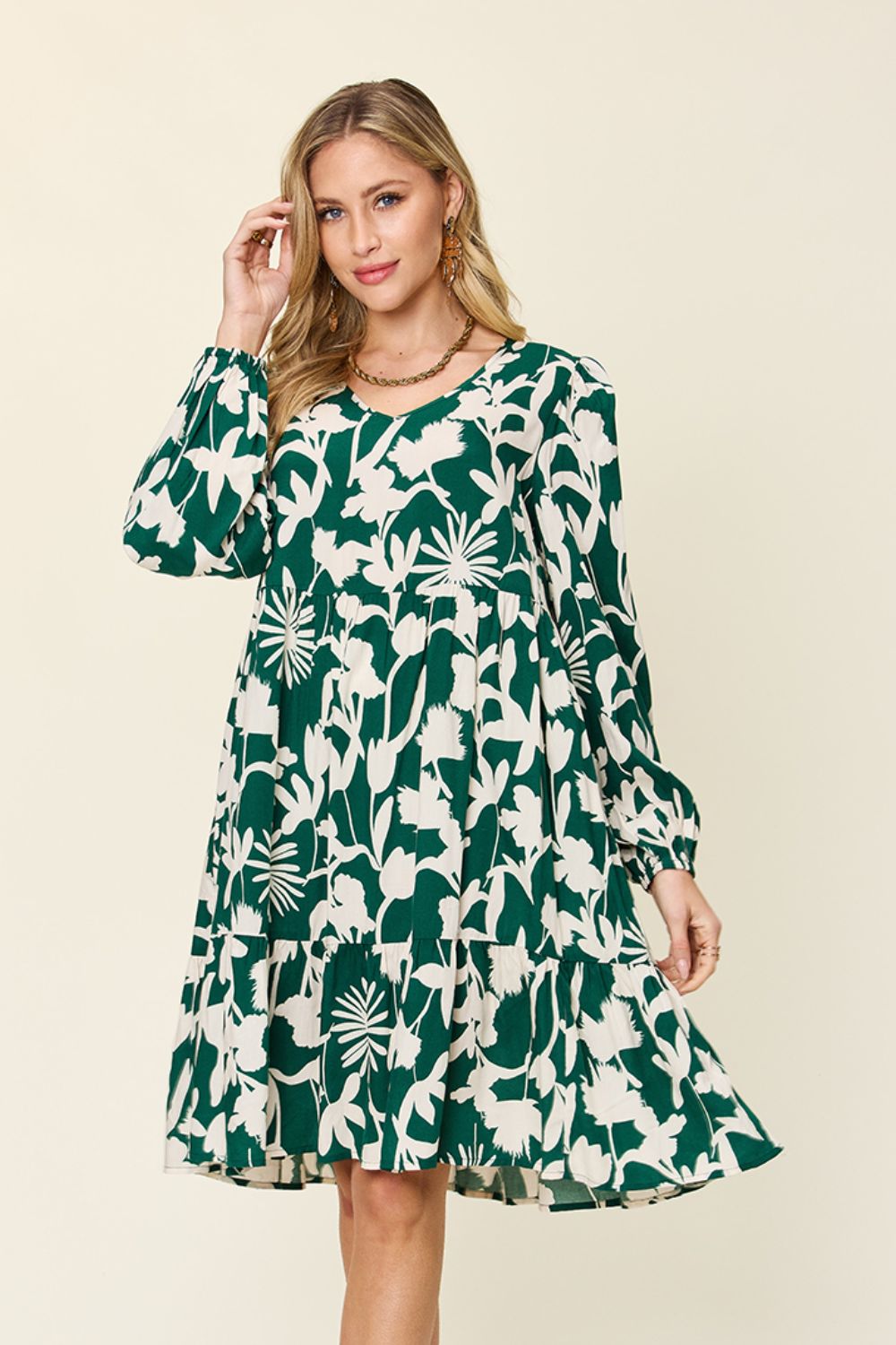 Printed Ruffle Hem Long Sleeve Rayon Dress