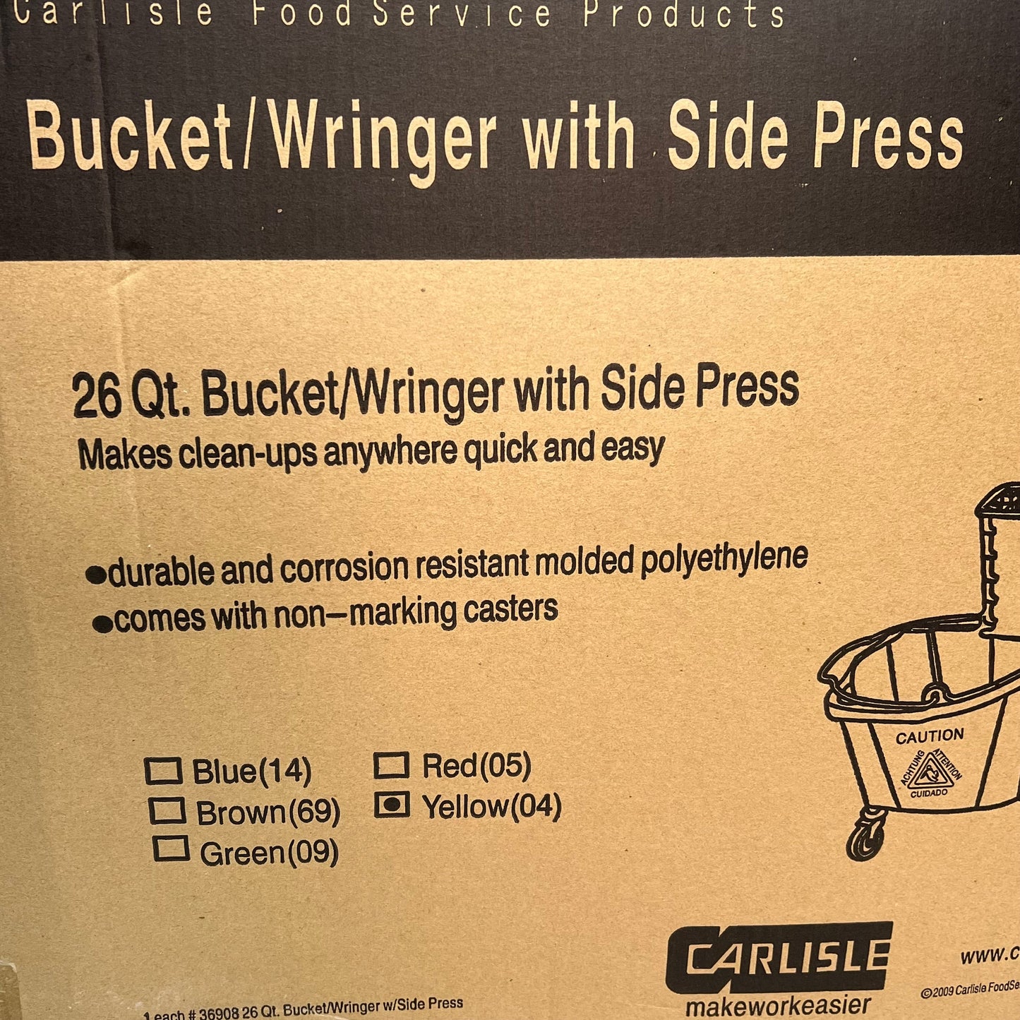 CARLISLE Rolling Mop Bucket W/ Side Press Wringer 26 Qt Capacity Yellow 3690804