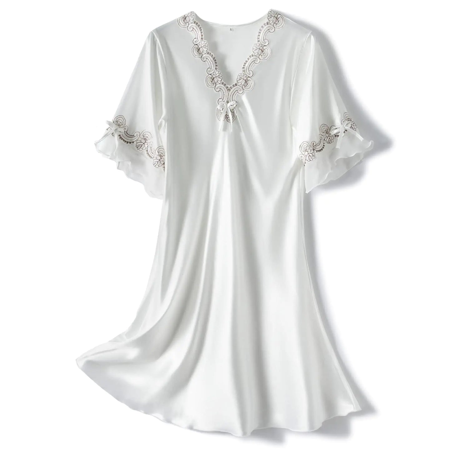 Lus Chic Womens Satin Nightgown Summer Luxury Soft Lace Short Sleeve V Neck Sleep Shirt Sleepwear White XL