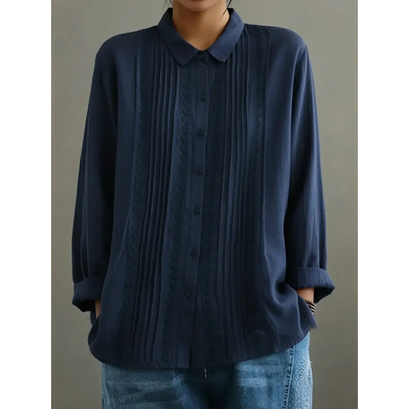 Womens Cotton-Linen Long-Sleeve Loose Shirt With Lace Trim