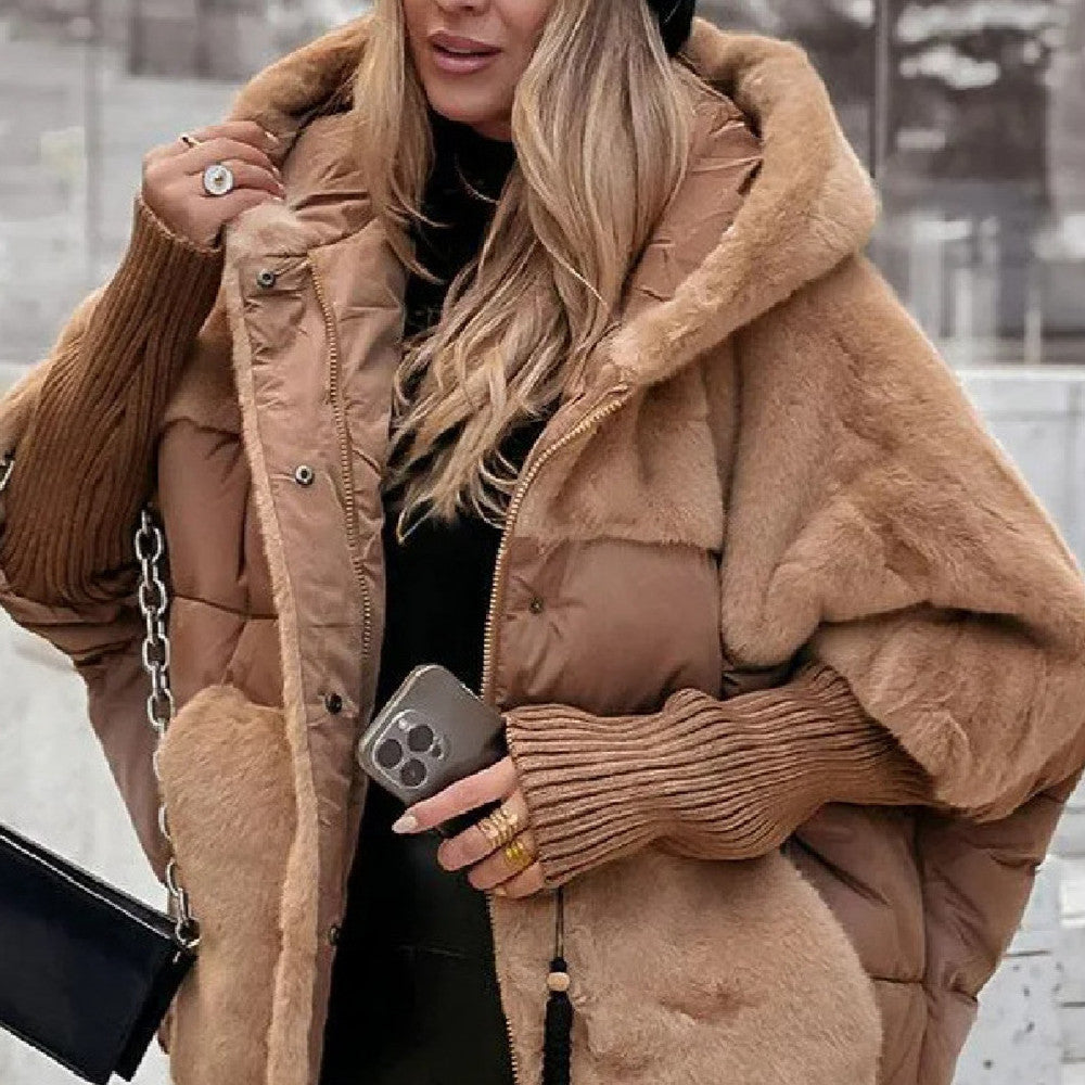 Women's Loose Cotton Coat Faux Fur Patchwork Winter Coat Comfort Chic Long Sleeve Hooded Jacket