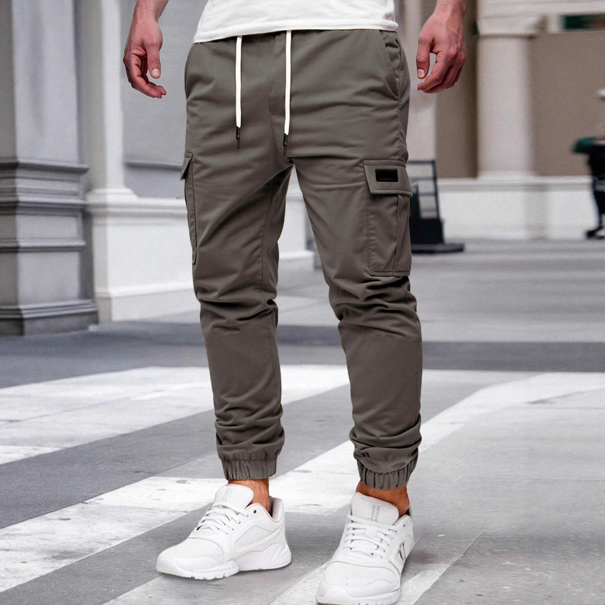 Mens Solid-color Work Pants With Drawstring Elastic Cuffs