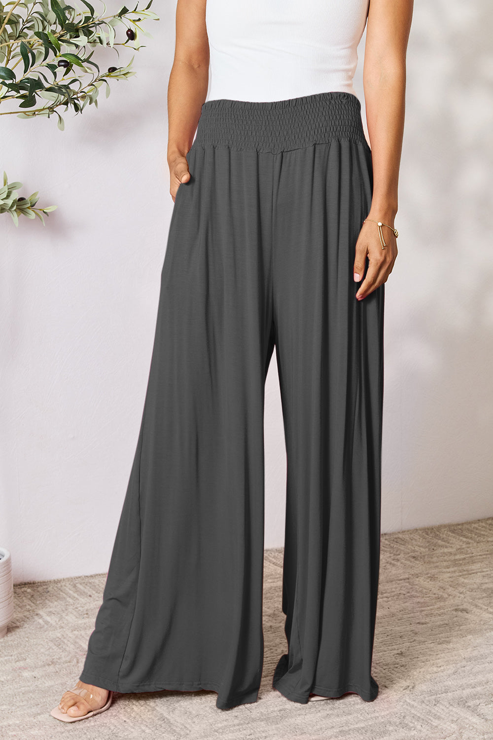 Smocked High-Waist Wide Leg Pants