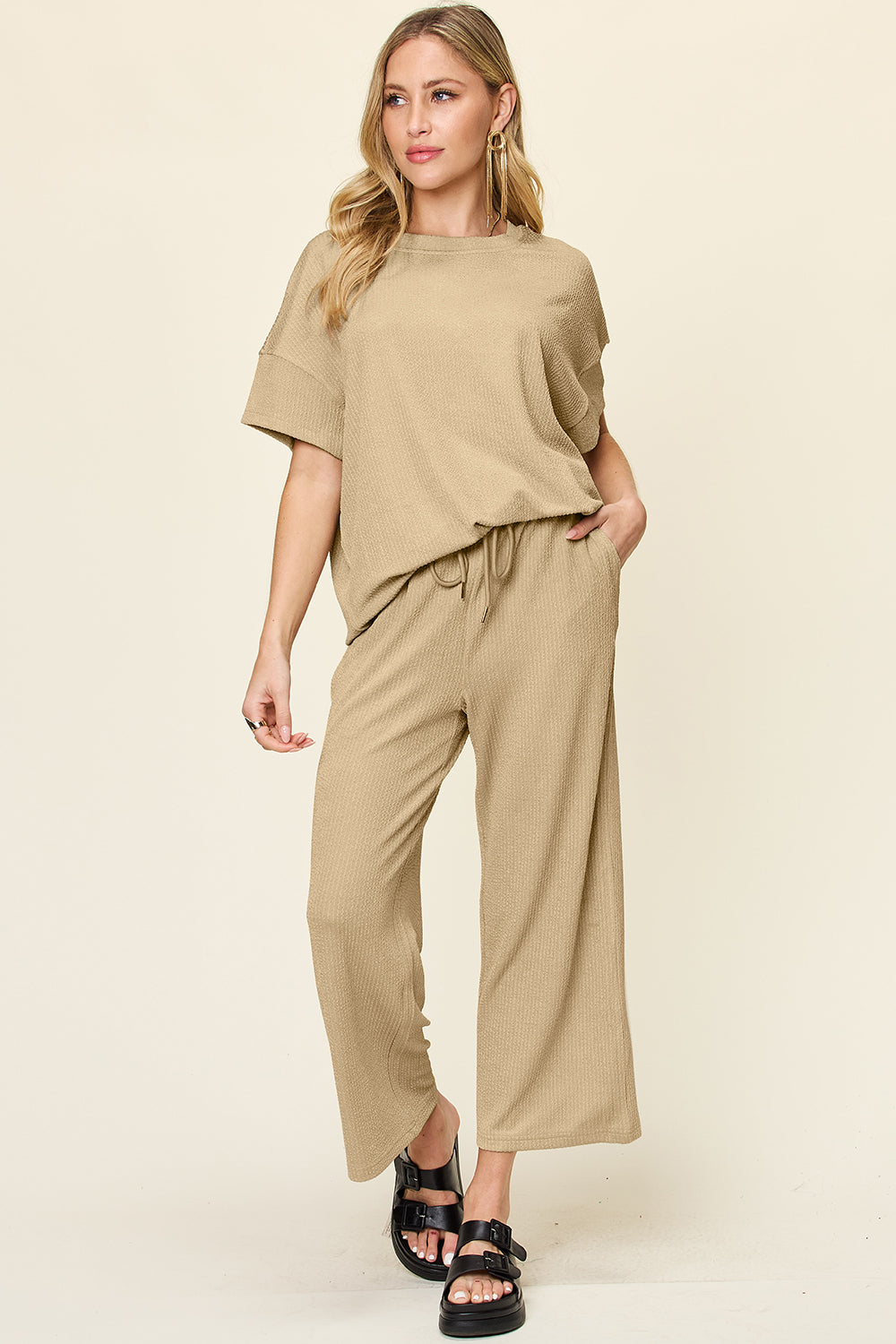 Textured Knit Top and Wide Leg Pant Set