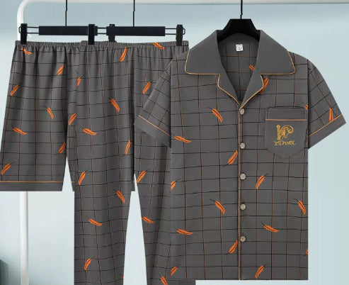 Pure Cotton Three-Piece Pajama Set For Men