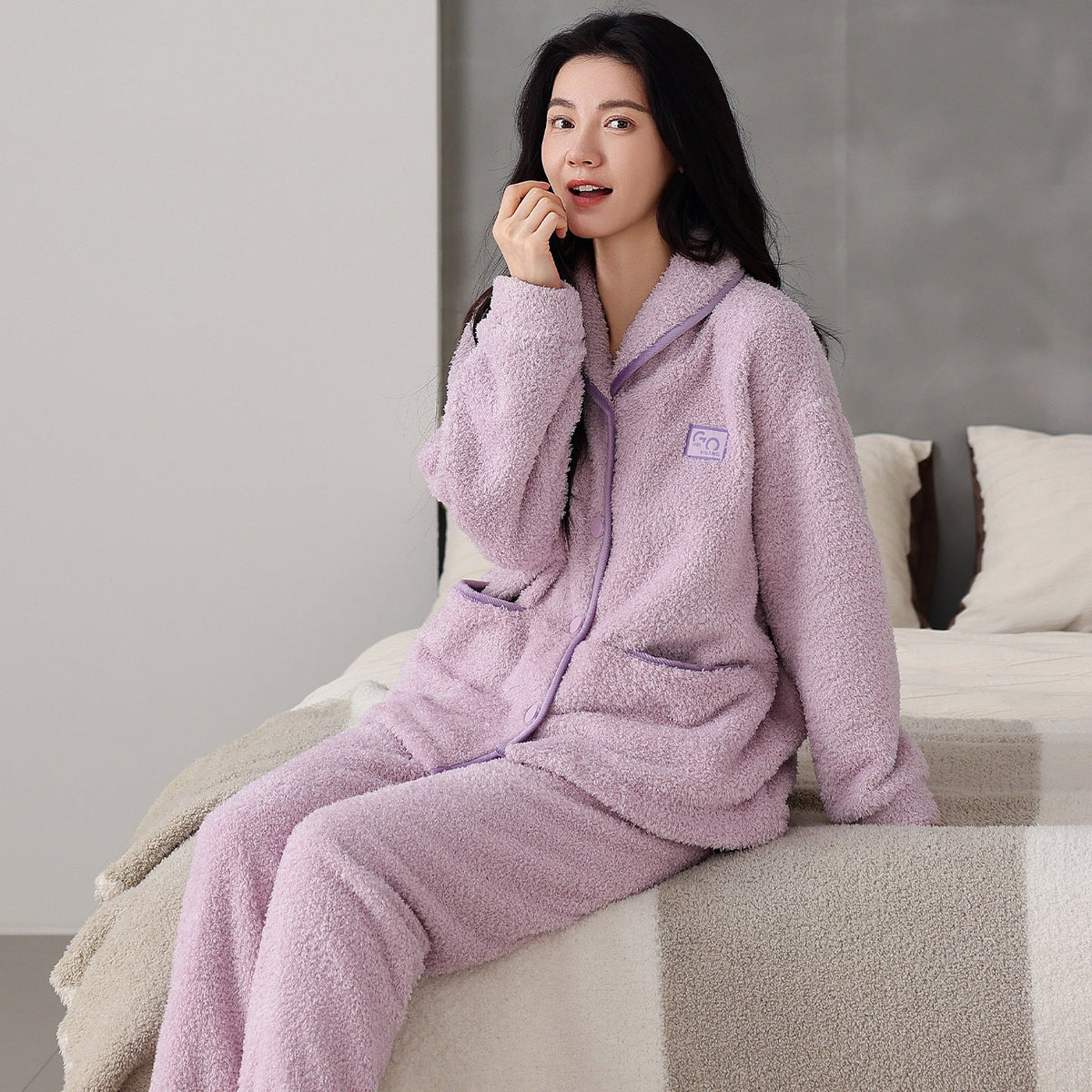 Flannel Thick Warm Long Sleeves Coral Fleece Couple Pajamas Suit