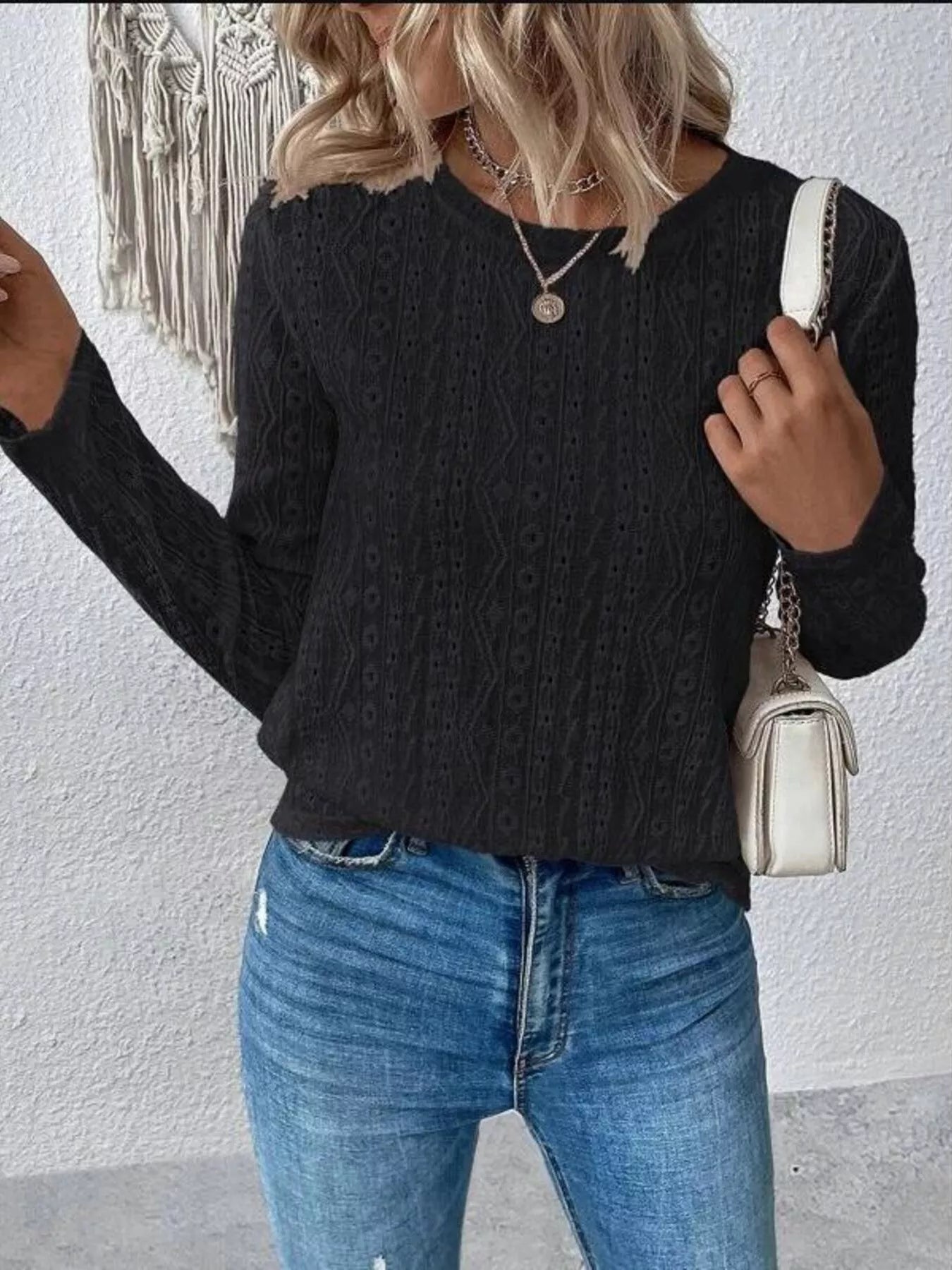 Full Size Eyelet Round Neck Long Sleeve Blouse Plus Size