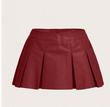 New Bottoms Solid Color PU Leather Pleated Skirt
