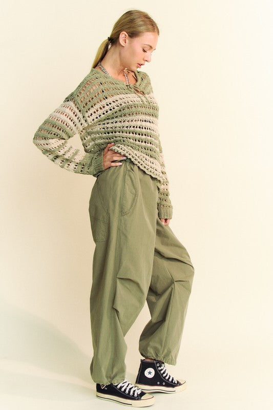 Back To School Sweater - Davi & Dani Contrast Striped Crochet Drop Shoulder Knit Cover Up
