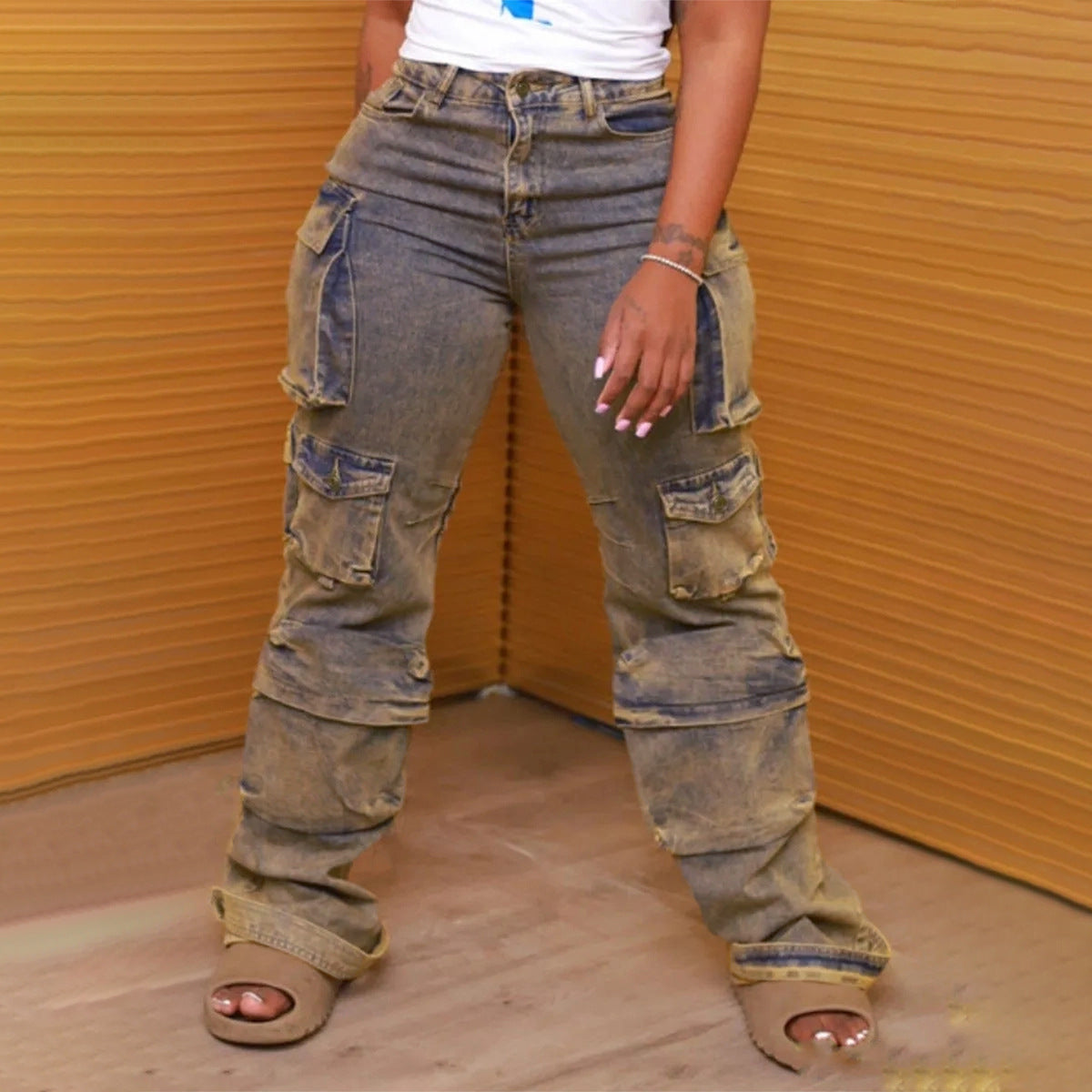 Workwear Style Distressed Washed Denim Jeans