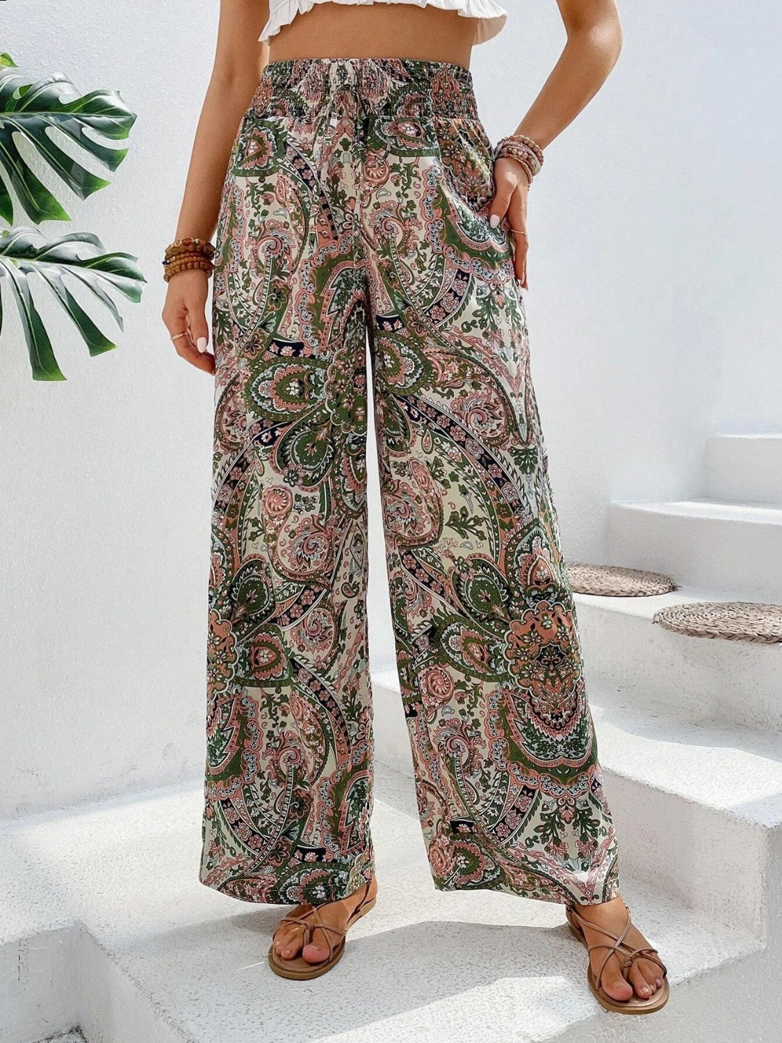 Tie Waist Printed Wide Leg Pants