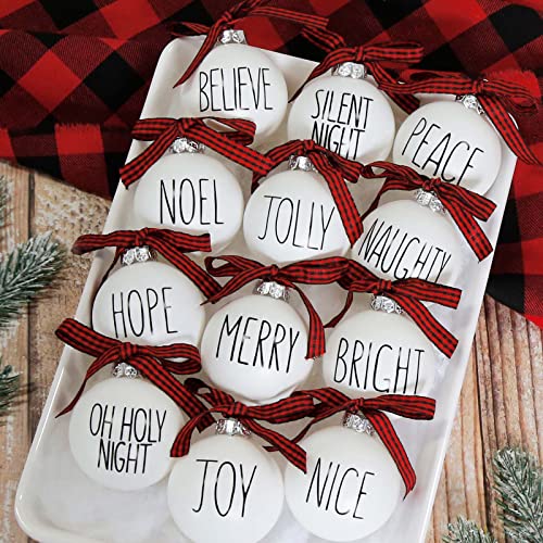 Christmas Ornaments  Set of 12 Shatterproof White Bulbs Adorned with Buffalo Plaid Bows  Rustic Farmhouse Christmas Tree Decorations for Xmas Tree Decor