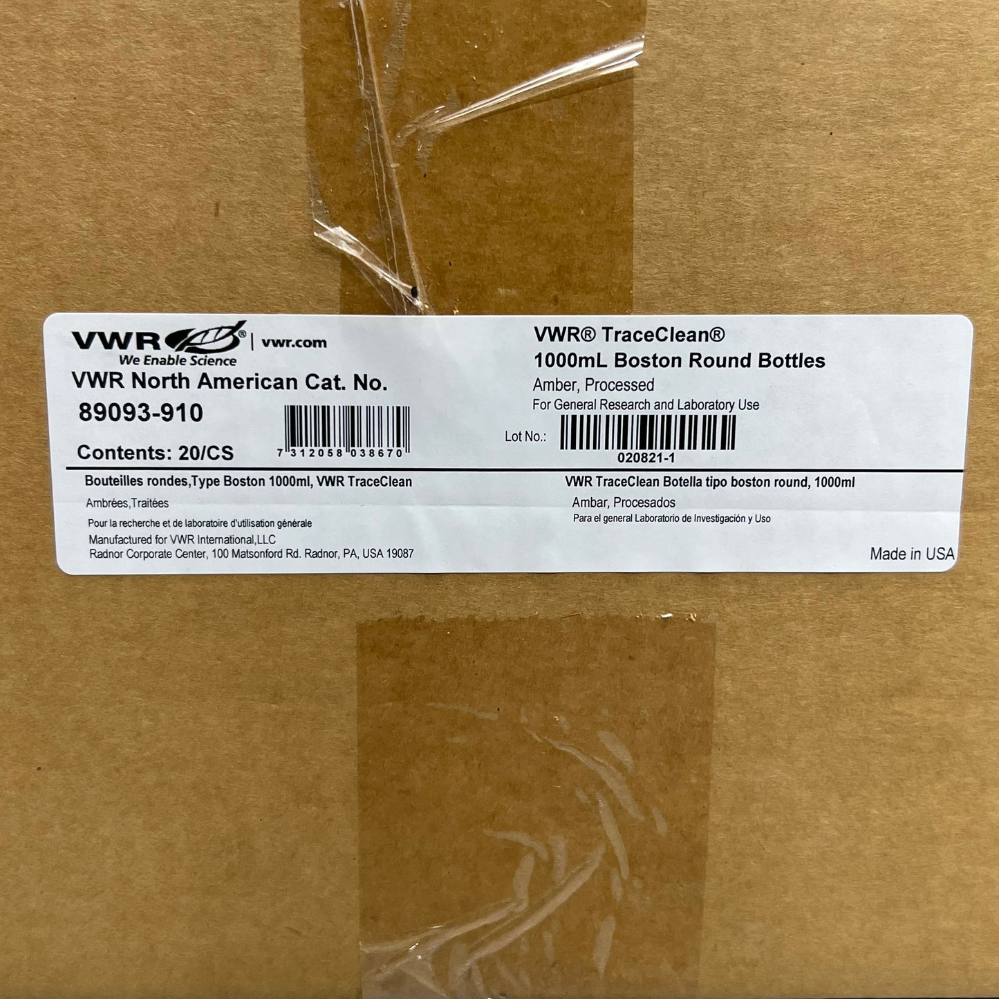 VWR (20 PACK) TraceClean 1000mL Boston Round Bottles Amber 89093-910