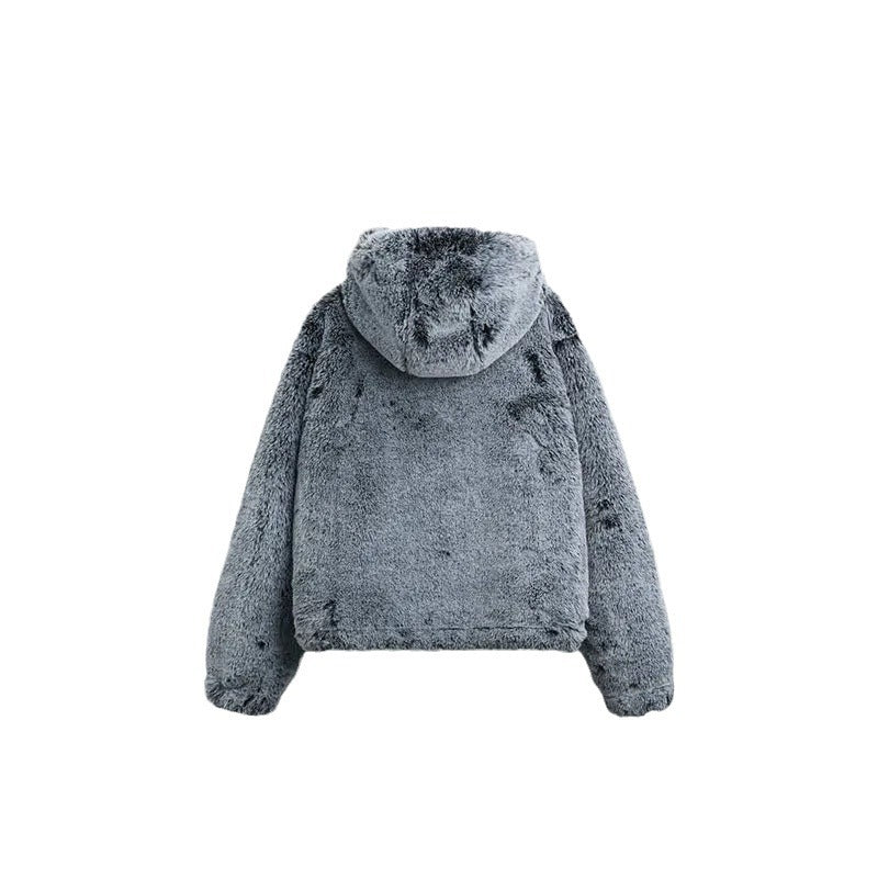 Women's Spring Clothing Imitation Fur Personality Street Fashion Solid Color Long Sleeve Zipper Hooded Short Jacket
