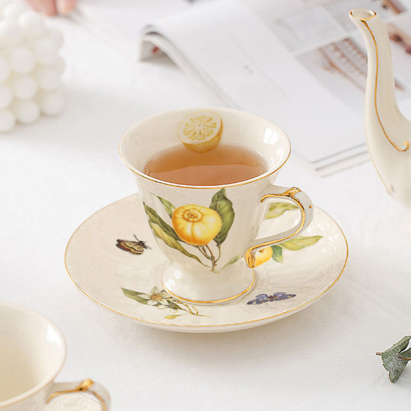 European - style Elegant Lemon Espresso Cups Set: Includes Tea Cups, Saucers, Ceramic Mugs, and a Dessert Plate
