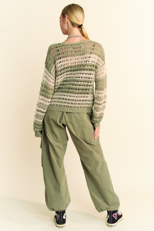 Back To School Sweater - Davi & Dani Contrast Striped Crochet Drop Shoulder Knit Cover Up